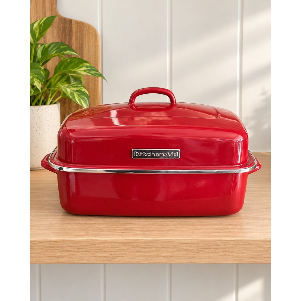 KitchenAid Empire Red Porcelain Enamel Steel Double Roaster Covered Turkey Pan